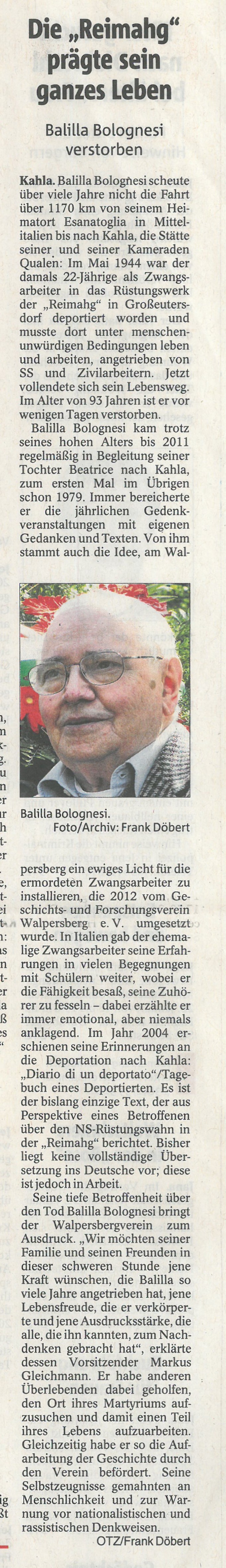 Trauer um Balilla Bolognesi